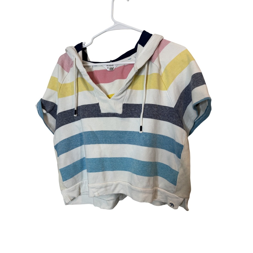 Splendid X Gray Malin Hoodie Womens Medium Multicolor Stripe V Neck Short Sleeve